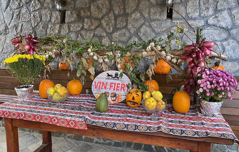 Masă decorată de toamnă cu fructe și vin fiert